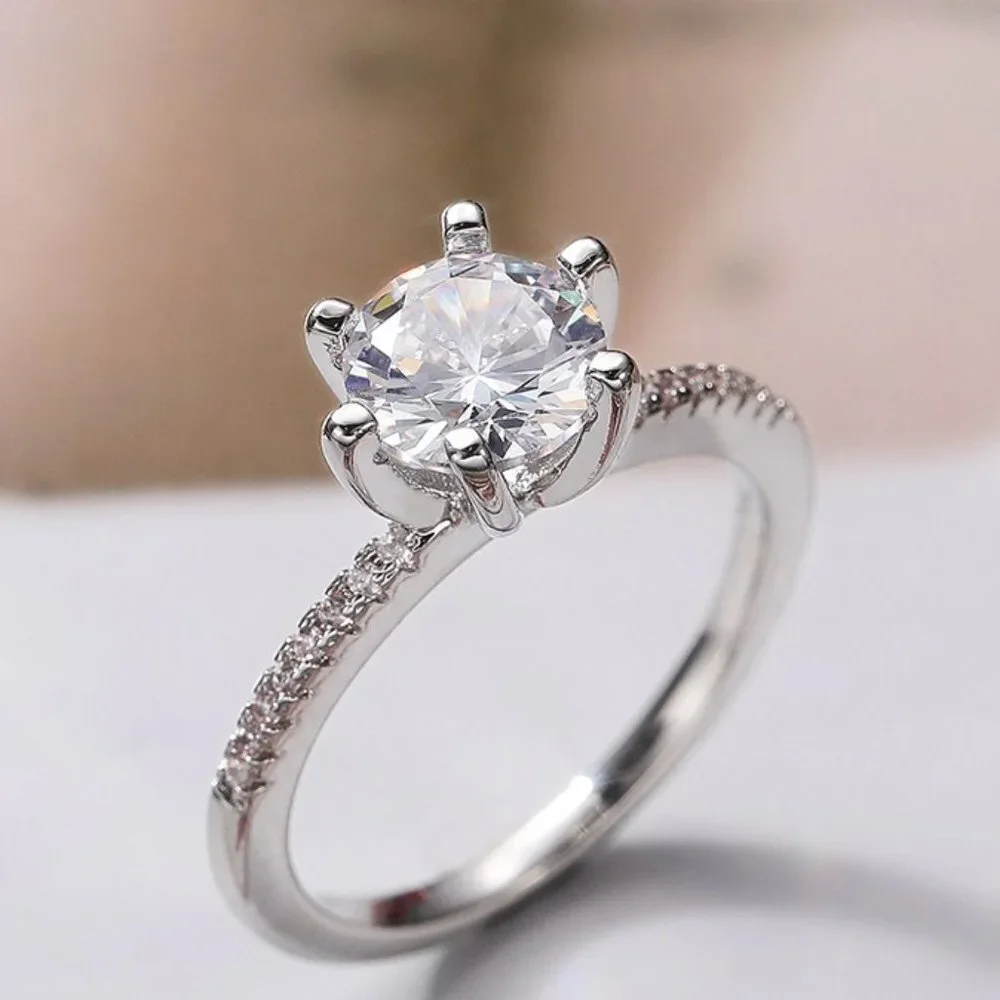 🌸DIAMOND SOLITAIRE FLOWER ROUND BRILLIANT CUT CZ WEDDING RING, K766_2